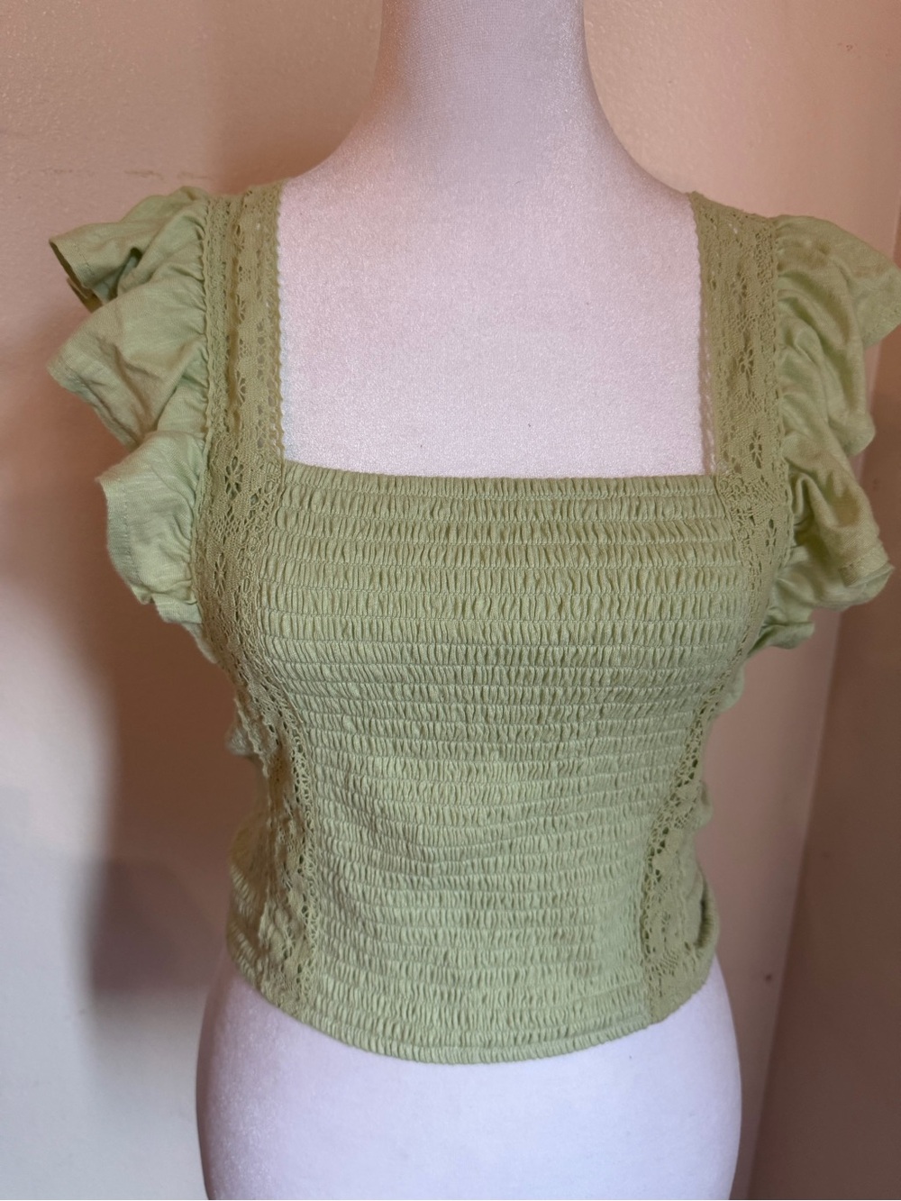 SO Sage Green Smocked Square-Neck Crop Top